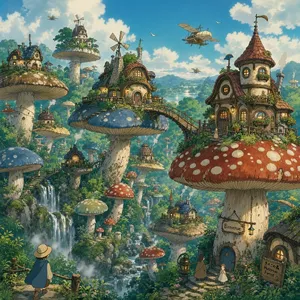 A forest of giant mushrooms with houses built on top of them, rendered in a whimsical Studio Ghibli-inspired art style with vibrant colors and fantastical details. - Microsoft MAI-Image-2.6