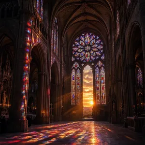 A Gothic cathedral interior at sunset with light streaming through detailed stained glass windows, creating colored patterns on stone floors and columns. Show accurate ribbed vaulting. - Microsoft MAI-Image-2.6