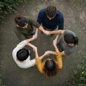 A group of five people joining hands in a circle, seen from above. - Microsoft MAI-Image-2.6