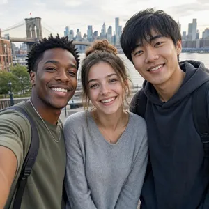 A group selfie of three friends of different ethnic backgrounds smiling at the camera. - Microsoft MAI-Image-2.6