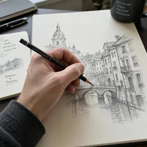 A hand drawing a sketch on paper with a pencil, the hand and pencil tip in clear focus. - Microsoft MAI-Image-2.6