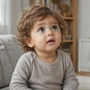 A hyper-realistic photo of a toddler with curly hair and big eyes, looking upward. - Microsoft MAI-Image-2.6