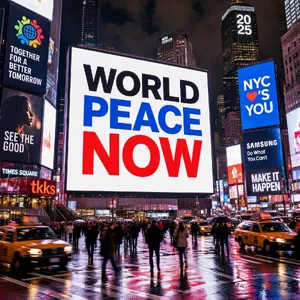 A large storefront billboard at Times Square displaying the slogan “WORLD PEACE NOW” in bold, clear letters, amidst a vibrant cityscape at night. - Microsoft MAI-Image-2.6