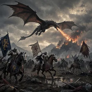 A medieval battlefield with knights on horseback and a dragon flying overhead. - Microsoft MAI-Image-2.6