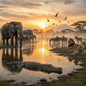 A misty dawn at an African savanna watering hole where elephants, lions, and zebras coexist in tense harmony, with a crocodile partially submerged in the foreground and flamingos taking flight in the background, golden hour lighting. - Microsoft MAI-Image-2.6