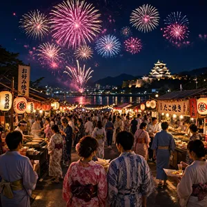 A nighttime festival with fireworks in the sky, food stalls lined up, and crowds mingling. - Microsoft MAI-Image-2.6