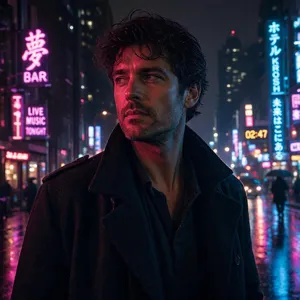 A nighttime portrait of a man lit by neon signs on a city street. - Microsoft MAI-Image-2.6