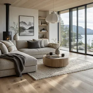 A photorealistic interior of a modern Scandinavian-style living room with natural light streaming through floor-to-ceiling windows. Show detailed wood textures, fabric materials, and proper light reflections. - Microsoft MAI-Image-2.6
