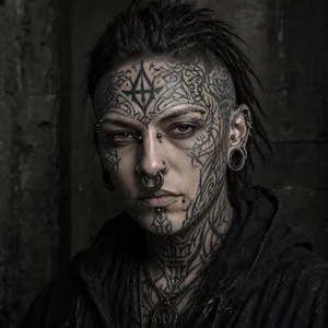A portrait of a person with elaborate facial tattoos and piercings, shown in sharp detail. - Microsoft MAI-Image-2.6