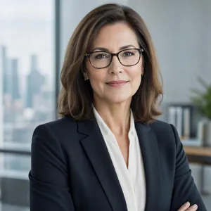 A professional headshot of a businesswoman wearing glasses, against a blurred background. - Microsoft MAI-Image-2.6