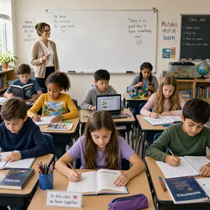 A school classroom of children and a teacher, each student engaged in a different activity. - Microsoft MAI-Image-2.6