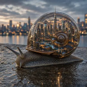 A snail whose shell contains a miniature city skyline, depicted in a hyperrealistic macro photography style with intricate architectural details and ambient lighting. - Microsoft MAI-Image-2.6