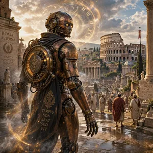 A steampunk robot time-traveling in ancient Rome, depicted in a detailed cinematic style that blends historical accuracy with copper and brass retrofuturistic aesthetics. - Microsoft MAI-Image-2.6