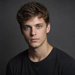 A studio headshot of a young man with one blue eye and one green eye (heterochromia). - Microsoft MAI-Image-2.6