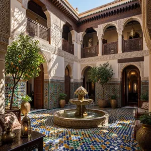 A traditional Moroccan riad courtyard with detailed zellige tilework, flowing fountain, citrus trees, and ornate woodwork. Morning light casting intricate shadow patterns. - Microsoft MAI-Image-2.6