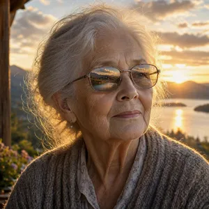 A ultra high-resolution portrait of an elderly woman with silver hair and bifocal glasses, each lens reflecting a distant landscape, captured in warm late-afternoon sunlight - Microsoft MAI-Image-2.6