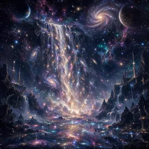 A waterfall that pours out stars and galaxies instead of water, illustrated in a cosmic fantasy style with vibrant space colors and dramatic lighting effects. - Microsoft MAI-Image-2.6