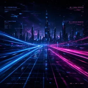 Abstract background graphic, cyberpunk aesthetic, neon pink/blue light trails on dark grid, sense of digital speed, for desktop wallpaper. - Microsoft MAI-Image-2.6