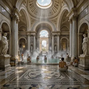 An ancient Roman bathhouse interior with accurate architectural details - marble columns, mosaic floors, arched ceilings, and steam rising from pools. Natural light from oculus openings. - Microsoft MAI-Image-2.6