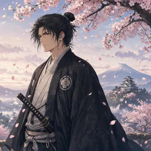 An anime-style portrait of a samurai standing under pink cherry blossoms. - Microsoft MAI-Image-2.6