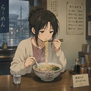 An anime scene of a character eating ramen at a small shop counter (slice-of-life style). - Microsoft MAI-Image-2.6