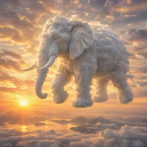 An elephant made of clouds floating in a sunset sky, rendered in a surrealist photorealistic style with ethereal golden lighting and atmospheric depth. - Microsoft MAI-Image-2.6