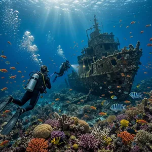 An underwater scene with scuba divers exploring a coral reef alongside colorful fish and a sunken ship. - Microsoft MAI-Image-2.6
