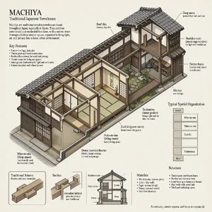Cutaway architectural drawing of a traditional Japanese machiya townhouse showing all rooms and structural elements. Include accurate proportions, traditional joinery, and typical spatial organization. - Microsoft MAI-Image-2.6