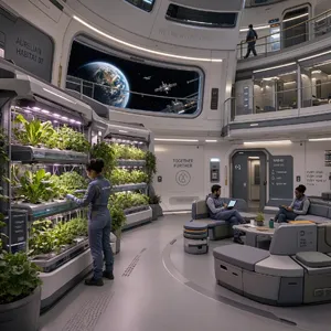 Interior of a futuristic space habitat with hydroponics gardens, communal areas, and living quarters. Show curved walls, artificial gravity considerations, and multipurpose furniture designs. - Microsoft MAI-Image-2.6