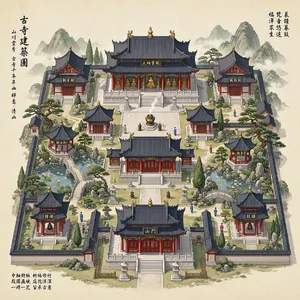 Isometric architectural illustration of an ancient Chinese temple complex showing multiple pavilions, gardens, and ceremonial spaces. Include proper roof structures and traditional ornamentation. - Microsoft MAI-Image-2.6