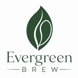 Minimalist logo for a sustainable coffee brand 'Evergreen Brew', single leaf motif, clean lines, vector style, white background. 'Evergreen Brew' contained as text in logo - Microsoft MAI-Image-2.6
