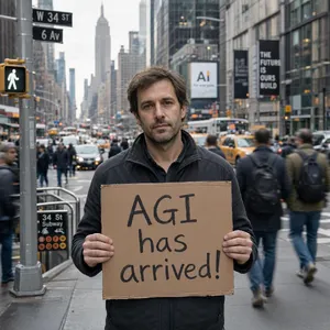 Photorealistic daytime street photograph, clearly showing a man standing still on a busy urban street corner holding a rectangular cardboard sign clearly facing camera, handwritten bold black marker text clearly readable as 