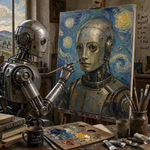 Photorealistic image of a robot painting a realistic self-portrait (i.e. the robot) on canvas, mimicking Van Gogh’s art style; clear, realistic metallic textures and painting details visible - Microsoft MAI-Image-2.6