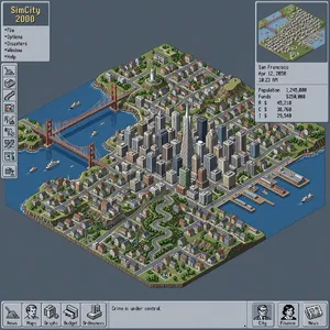 Pixel art cityscape of San Francisco in the iconic SimCity 2000 style, isometric view, detailed skyscrapers, residential areas, clearly identifiable Golden Gate Bridge, Coit Tower, Transamerica Pyramid, surrounded by the classic SimCity 2000 UI elements - Microsoft MAI-Image-2.6