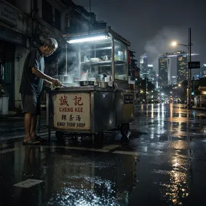 Rain-slicked Singapore street, 3 AM. A lone elderly hawker cleans his cart under one flickering fluorescent light. Steam rises gently. Low-angle shot, photorealistic - Microsoft MAI-Image-2.6