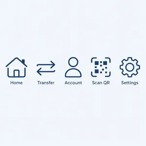 Set of 5 consistent flat design icons for a mobile banking app: 'Home', 'Transfer', 'Account', 'Scan QR', 'Settings'. Monochrome dark blue. - Microsoft MAI-Image-2.6