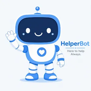 Simple flat vector mascot: friendly smiling robot character 'HelperBot', approachable design, primarily blue and white. - Microsoft MAI-Image-2.6