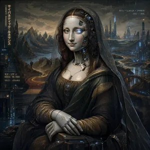 The Mona Lisa reimagined as a futuristic android, rendered in a digital art style that preserves Da Vinci's composition while incorporating sleek cyberpunk aesthetics and technological elements. - Microsoft MAI-Image-2.6
