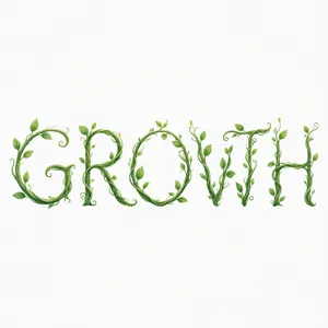 The word 'GROWTH' visualized using stylized plant vines organically forming the letters, green tones, white background, graphic design. - Microsoft MAI-Image-2.6