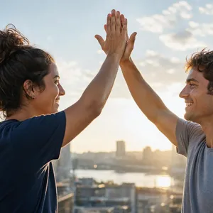 Two people high-fiving, with focus on their hands meeting mid-air. - Microsoft MAI-Image-2.6