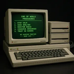 Vintage Apple II computer with green monochrome CRT screen, displaying 'END OF WORLD PROCEDURES' in green text. Two external floppy drives stacked on the right, labeled disk II with rainbow Apple logos. Beige casing, black background, retro aesthetic. - Microsoft MAI-Image-2.6