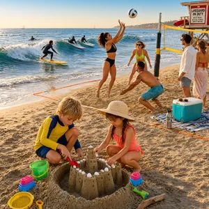 A beach scene: adults playing volleyball, kids building sandcastles, and surfers riding waves. - Alibaba Qwen-Image-3.0-Pro