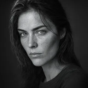 A black and white close-up portrait of a freckled woman with an intense gaze. - Alibaba Qwen-Image-3.0-Pro