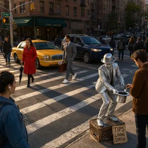 A busy city intersection with cars, pedestrians, and street performers all in one frame. - Alibaba Qwen-Image-3.0-Pro