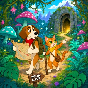 A cartoon of a cat and a dog on an adventure, drawn in a colorful 2D style. - Alibaba Qwen-Image-3.0-Pro