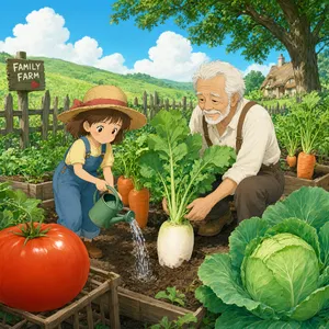 A child and elder tending oversized vegetables in a garden. Reproduce the artistic style of Studio Ghibli, with their distinctive character proportions and detailed plant illustrations. - Alibaba Qwen-Image-3.0-Pro