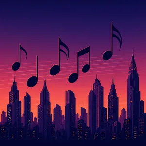 A city skyline that forms the shape of musical notes on a staff, created in a stylized graphic design aesthetic with clean architectural lines and dramatic twilight colors. - Alibaba Qwen-Image-3.0-Pro