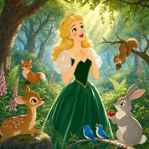 A classic Disney-like 2D cartoon princess singing with animals in a forest. - Alibaba Qwen-Image-3.0-Pro