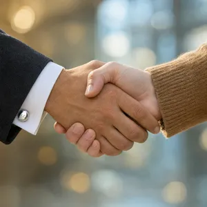 A close-up of two people shaking hands, both hands fully visible with five fingers each, in sharp focus against a blurred background. - Alibaba Qwen-Image-3.0-Pro