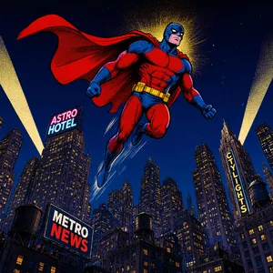 A comic-book style superhero flying over a city at night, with halftone shading. - Alibaba Qwen-Image-3.0-Pro